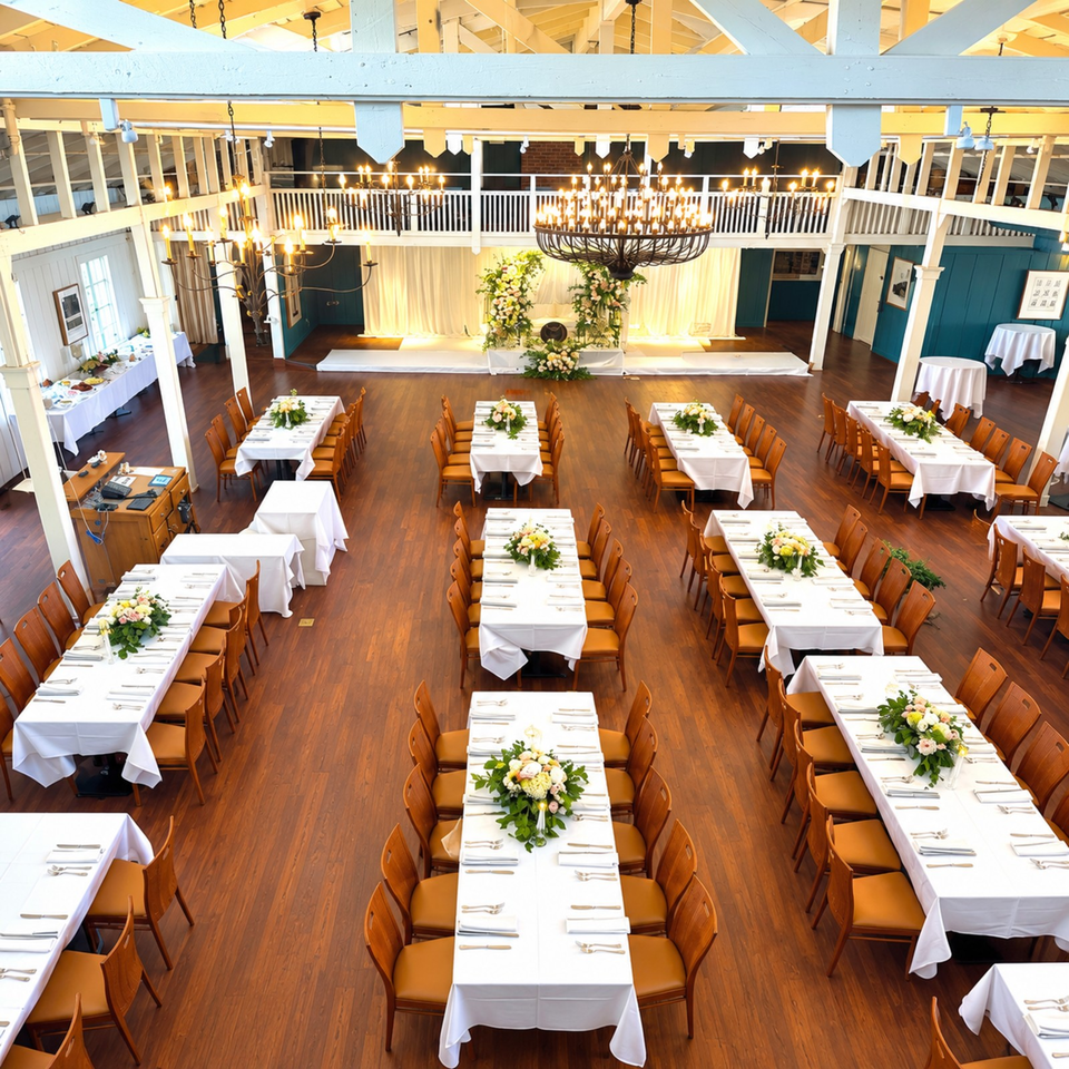 Elegant restaurant dining hall arranged for a wedding reception, with white-clothed tables, floral centerpieces, chandeliers, and a decorated ceremony stage.