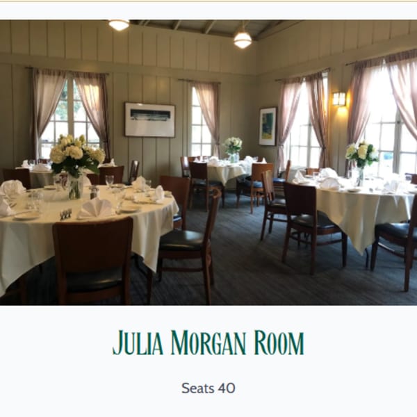 The Julia Morgan Room, a private dining area with set tables, white tablecloths, and floral centerpieces.