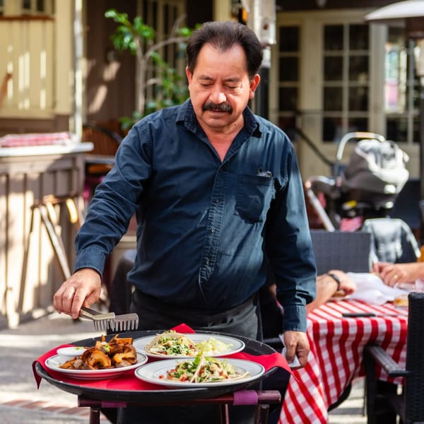 A server at MacArthur Park Restaurant and Bar delivers plates of food to an outdoor table.