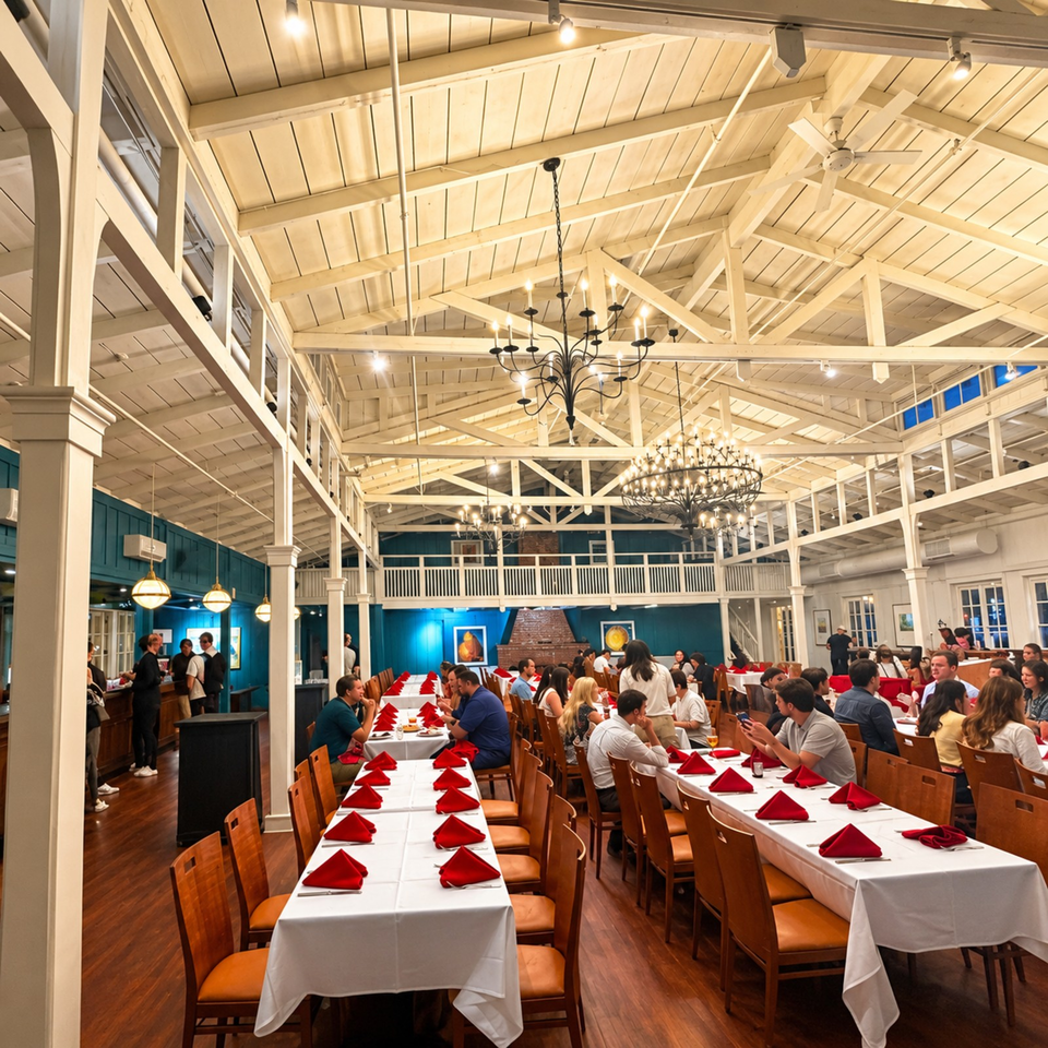 Spacious restaurant dining room with white tablecloths, red napkins, chandeliers, exposed beams, and diners enjoying meals.