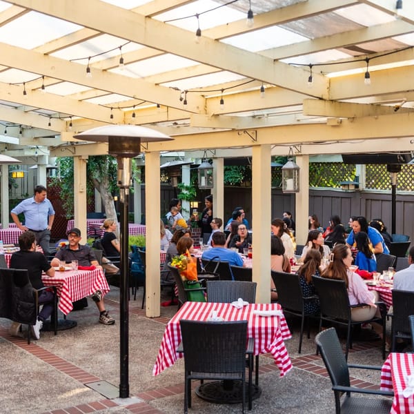 Patrons dining outdoors on a covered patio with string lights and red-and-white checkered tablecloths.