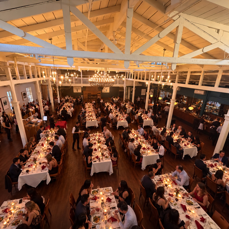 Busy restaurant dining hall filled with candlelit tables, guests, servers, chandeliers, and exposed white wooden beams.