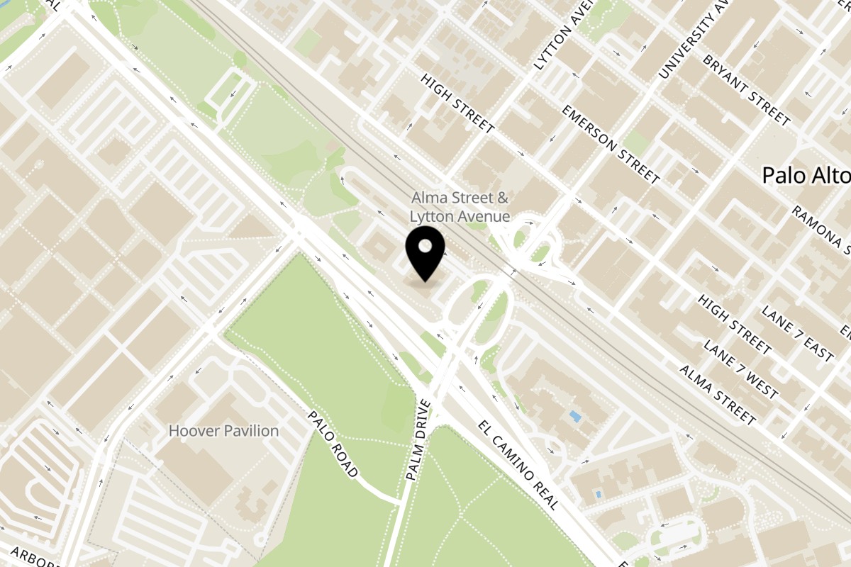 Map showing the location of MacArthur Park Restaurant and Bar on 27 University Ave in Palo Alto